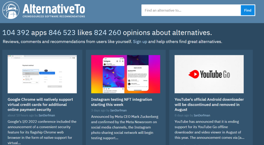 Capture d'écran du site AlternativeTo